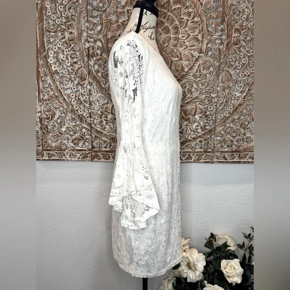 Lulus Allure 'Em In White Lace Bell Sleeve Bodycon Boho Fairycore Mini Dress - Picture 7 of 16